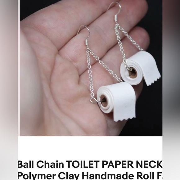 Dangly toilet paper rolls earrings silver tone pierced chains Polymer Clay - Picture 1 of 3